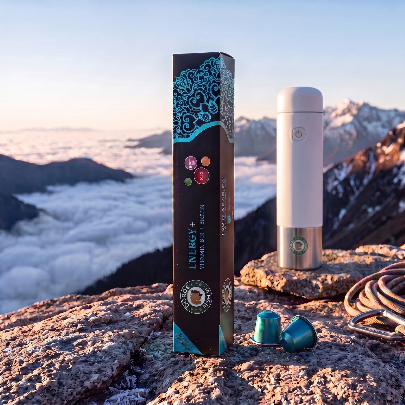 A Doro's Energy+ capsule box standing on granite at an alpine summit at first light, turquoise capsules and a steel flask beside it, cloud filling the valley behind.
