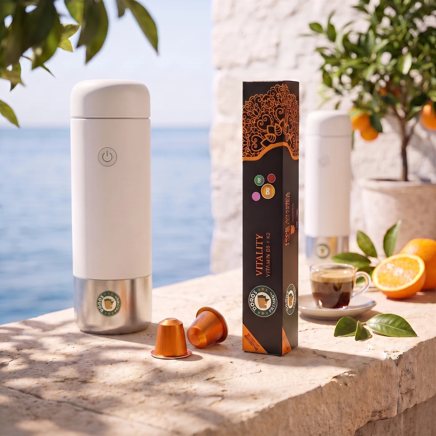 A Doro's Vitality capsule box on a sunlit limestone ledge above a calm Mediterranean sea, copper capsules, an espresso cup and citrus beside it.