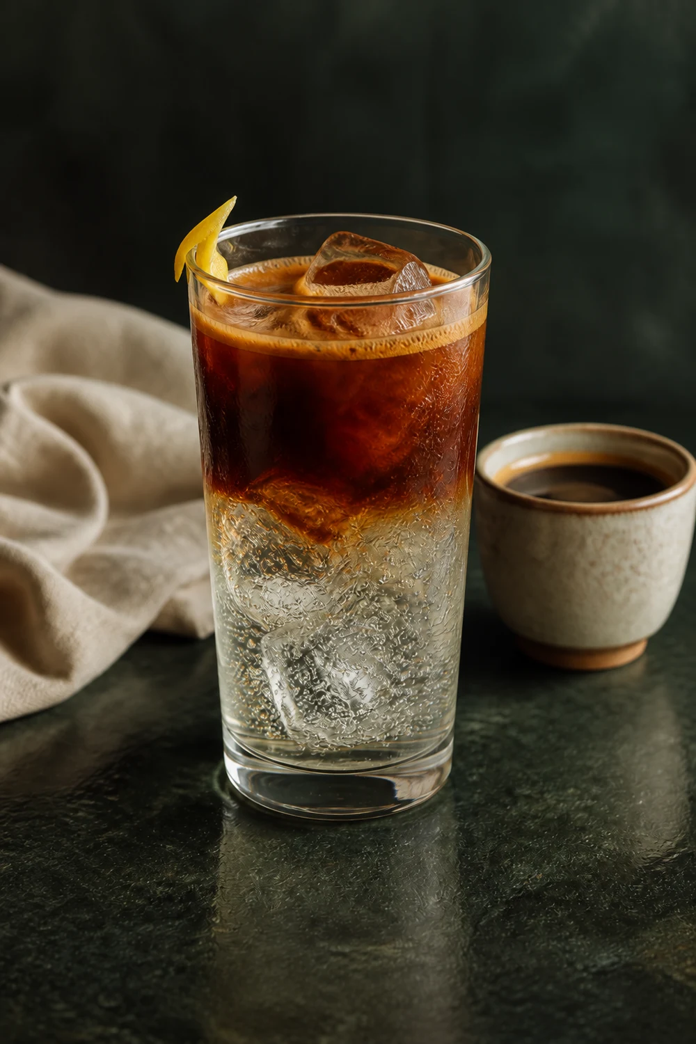 A layered espresso tonic with ice and lemon peel on a dark green stone counter.