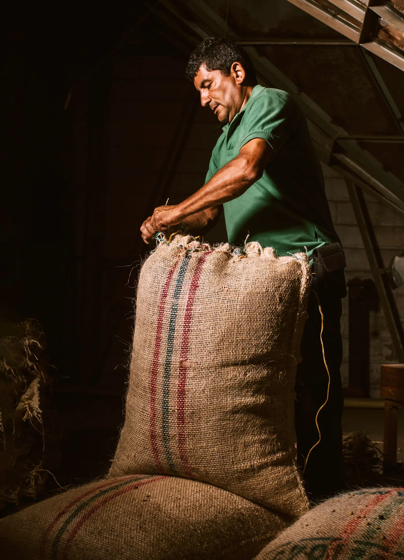 A coffee worker closing a large burlap sack in a warehouse.