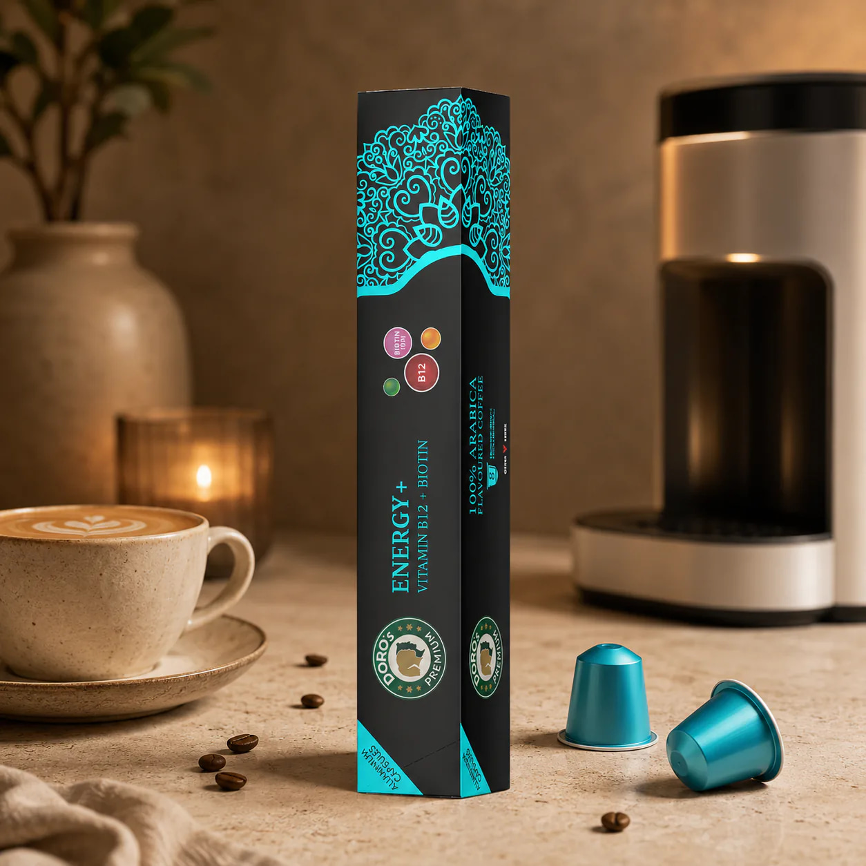 Doro’s Energy+ packaging and turquoise capsules beside a cup of coffee.
